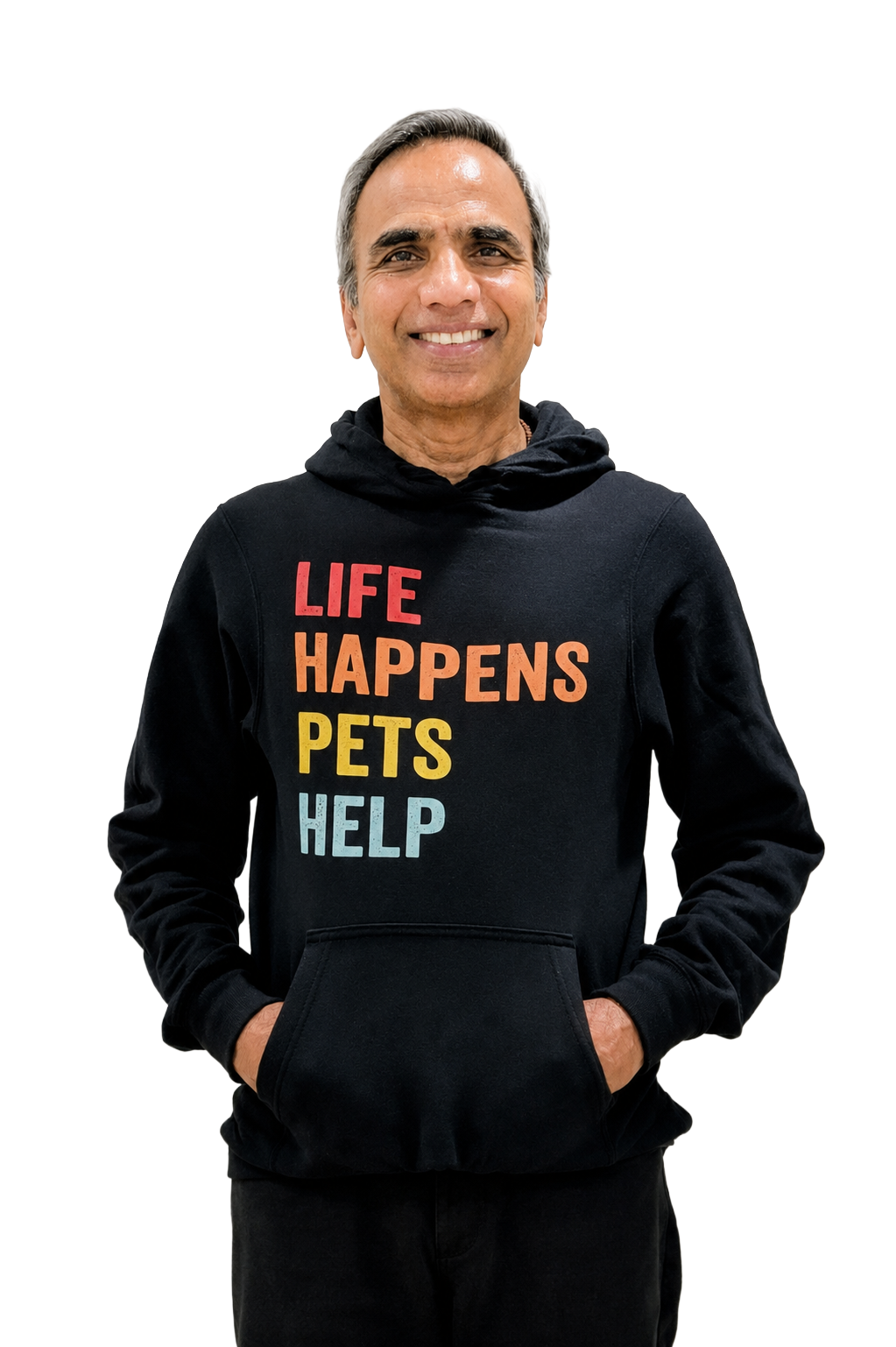 Gopal Kumarappan smiling in a Pets Help sweatshirt